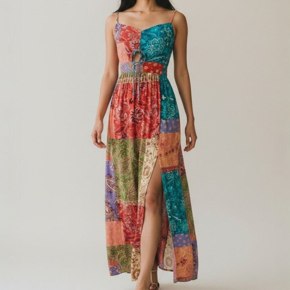 Cupshe Maxi Dress Paisley Patchwork Sleeveless Front Slit Women's Size S NWT
